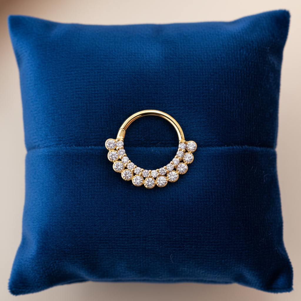 חישוק זהב 14 קראט משובץ 2 שורות זרקונים