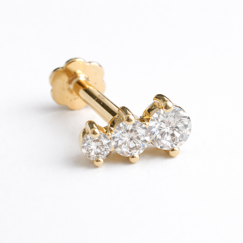 עגיל פירסינג רותי זהב 14 קראט משובץ יהלומים טבעים